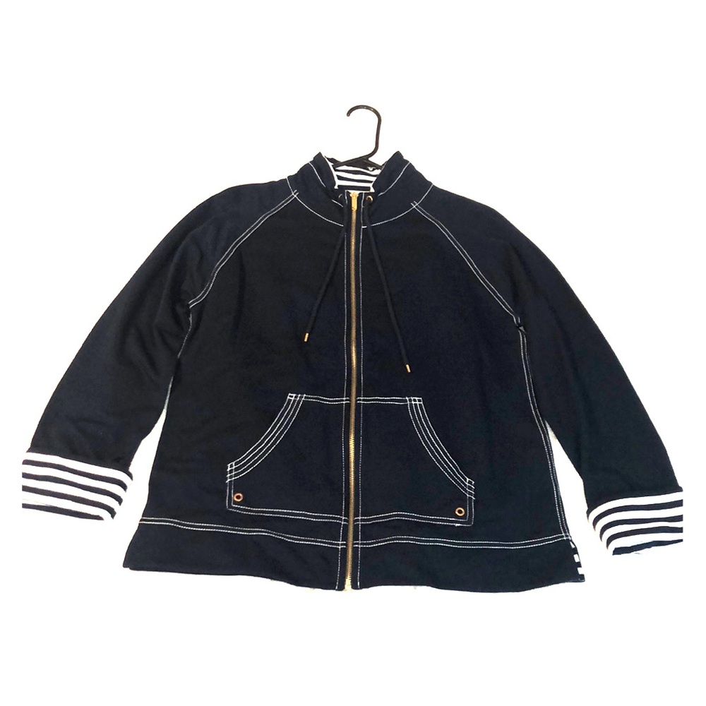 Anne Klein Navy Blue sweater Jacket strips zip up